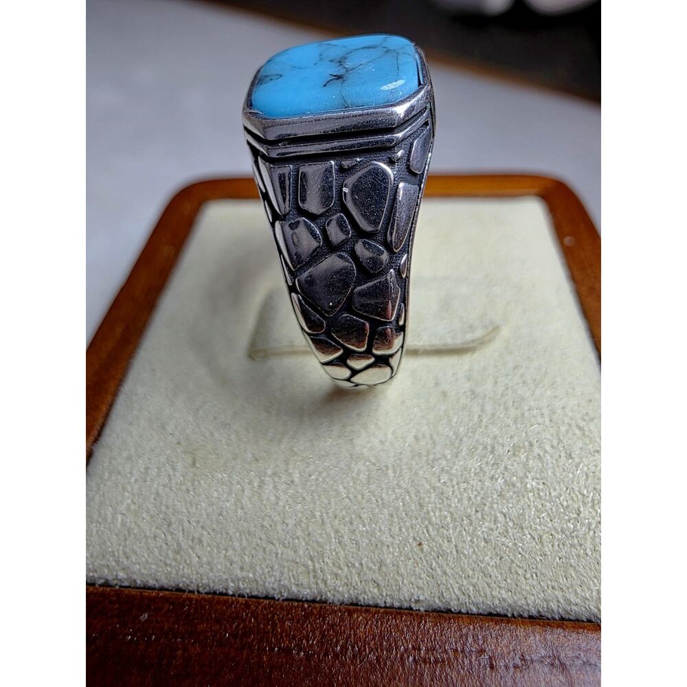 S10 Natural Turquoise Signet Engraved Ring 925 Sterling Silver - Picture 6 of 9